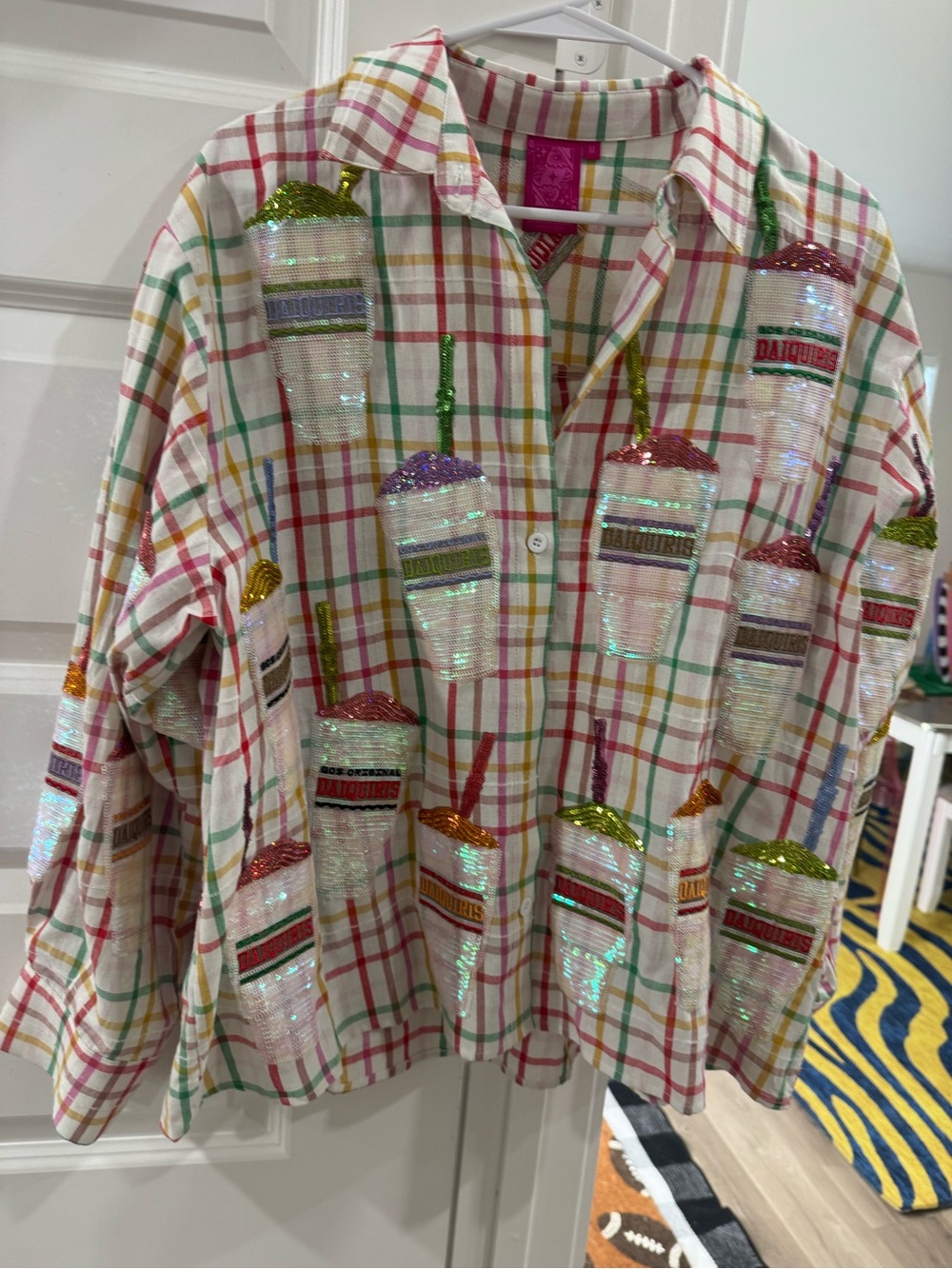 QUEEN OF SPARKLES Multicolor Plaid Sequin Daiquiri Button-Down Shirt